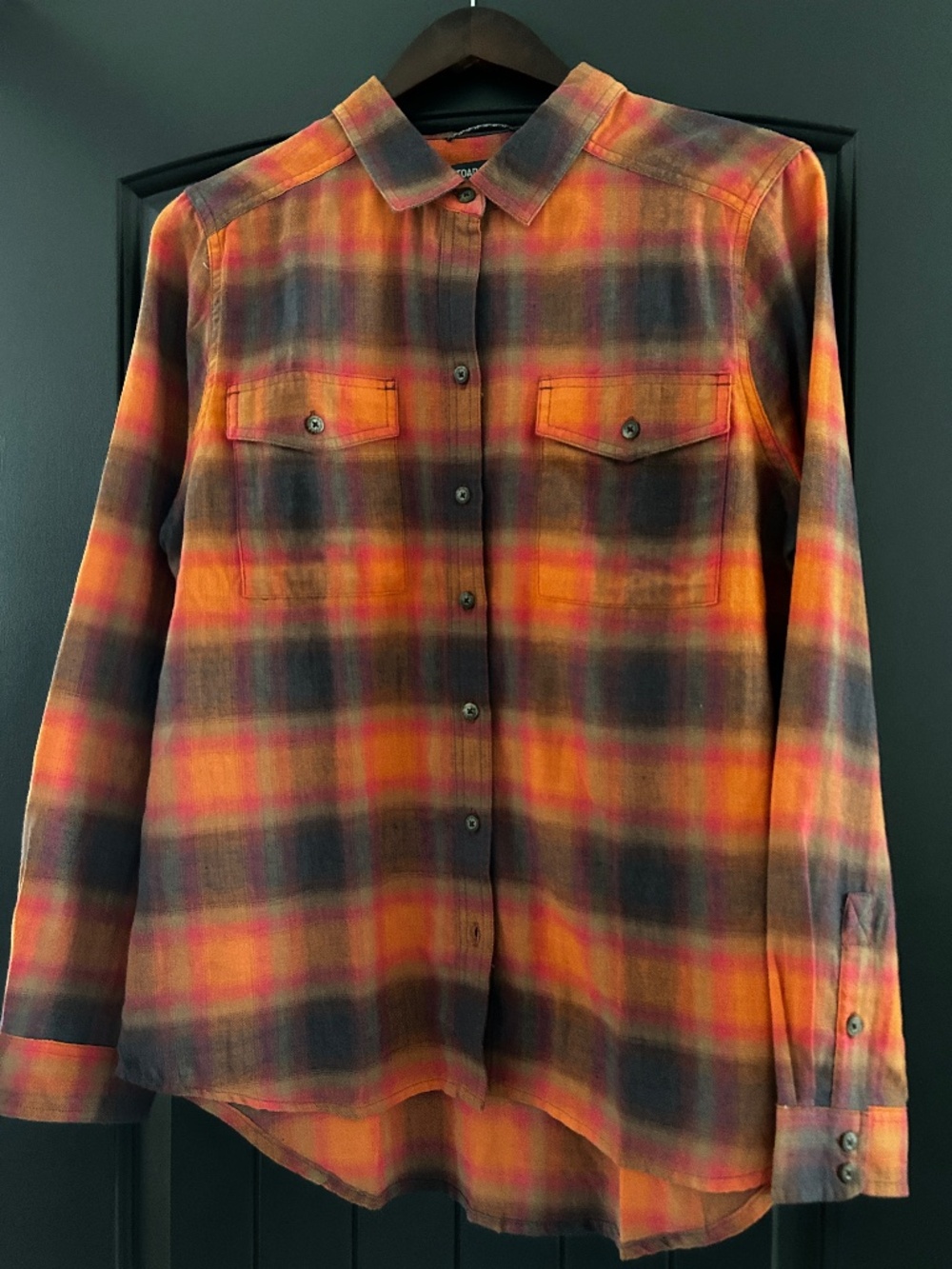 Toad&Co Re-Form Flannel Shirt Plaid Orange Rust Charcoal Large